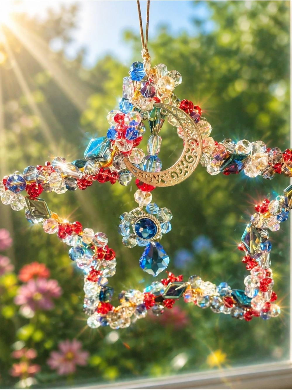 Crystal Beaded Star Suncatcher with Gold Crescent